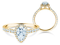 Anillo de compromiso Pear Halo Pavé en 9K oro amarillo con diamantes 0,58ct G/SI