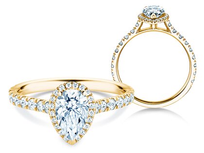 Anillo de compromiso Pear Halo Pavé en 9K oro amarillo con diamantes 0,58ct G/SI