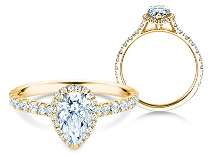 Anillo de compromiso Pear Halo Pavé en 9K oro amarillo con diamantes 1,46ct G/SI