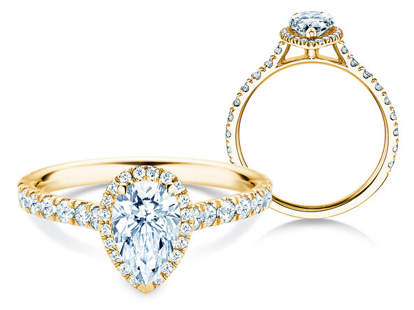 Anillo de compromiso Pear Halo Pavé en 9K oro amarillo con diamantes 0,58ct G/SI